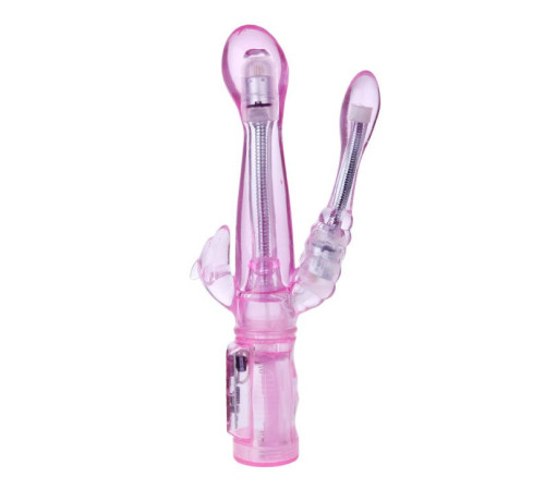 Розовый вибратор с анальным и клиторальным отростками Intimate Tease - 22 см. Розовый вибратор с анальным и клиторальным отростками Intimate Tease - 22 см.