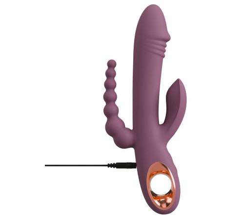 Сливовый вибратор с клиторальным отростком и анальным хвостом Slim Triple Plum - 21,4 см.