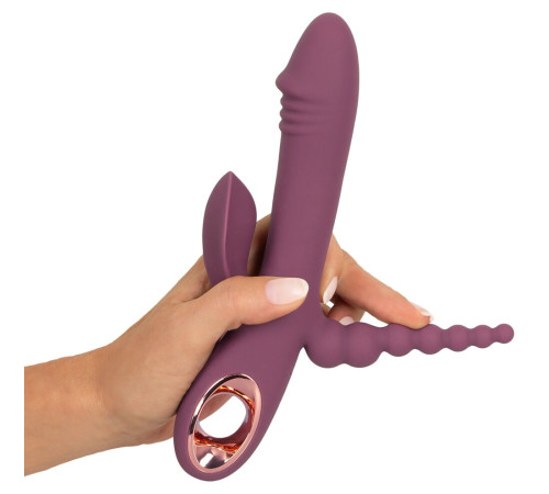 Сливовый вибратор с клиторальным отростком и анальным хвостом Slim Triple Plum - 21,4 см.