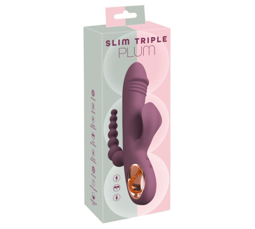 Сливовый вибратор с клиторальным отростком и анальным хвостом Slim Triple Plum - 21,4 см.