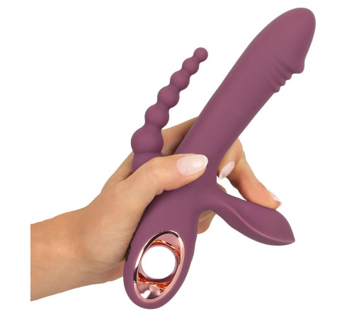 Сливовый вибратор с клиторальным отростком и анальным хвостом Slim Triple Plum - 21,4 см.