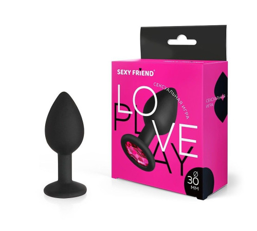 Черная силиконовая анальная втулка с малиновым кристаллом - 7,3 см.