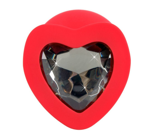 Красная силиконовая анальная пробка с черным стразом-сердечком - 9,3 см.