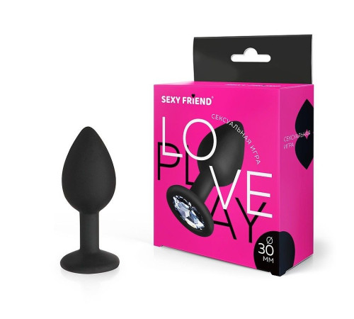 Черная силиконовая анальная втулка с прозрачным кристаллом - 7,3 см.