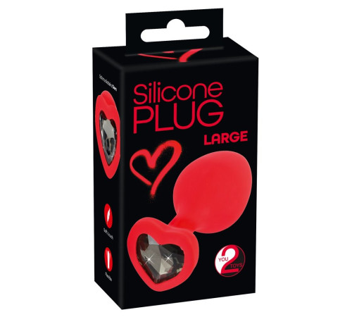 Красная силиконовая анальная пробка с черным стразом-сердечком - 9,3 см.