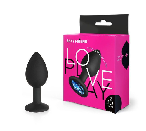 Черная силиконовая анальная втулка с синим кристаллом - 7,3 см.