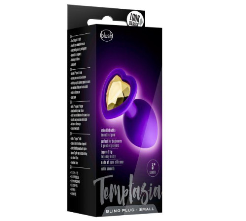 Фиолетовая анальная пробка с золотистым кристаллом-сердцем Bling Plug Small - 7,6 см.
