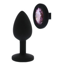 Черная гладкая анальная пробка с розовым кристаллом Silicone Diamond Plug - 7 см.