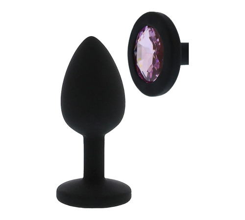 Черная гладкая анальная пробка с розовым кристаллом Silicone Diamond Plug - 7 см.