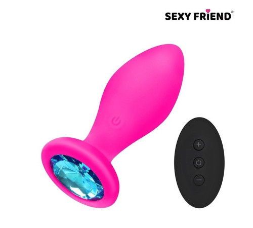 Розовая вибровтулка с голубым кристаллом и пультом ДУ - 8,5 см.