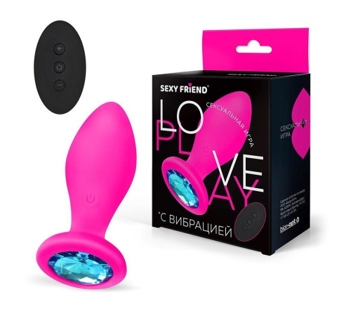 Розовая вибровтулка с голубым кристаллом и пультом ДУ - 8,5 см.