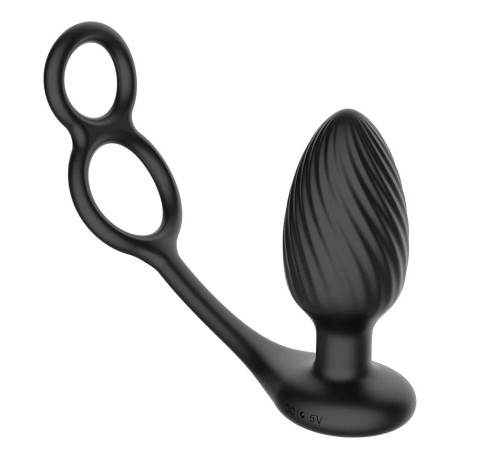 Черная анальная вибровтулка Tornado with Cock   Ball Rings с эрекционными кольцами