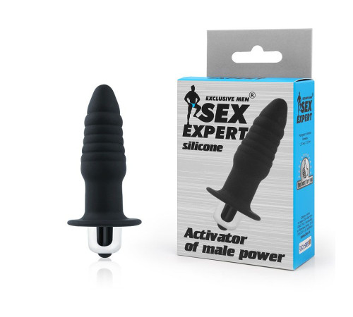 Черная ребристая вибровтулка с ограничителем - 7 см.