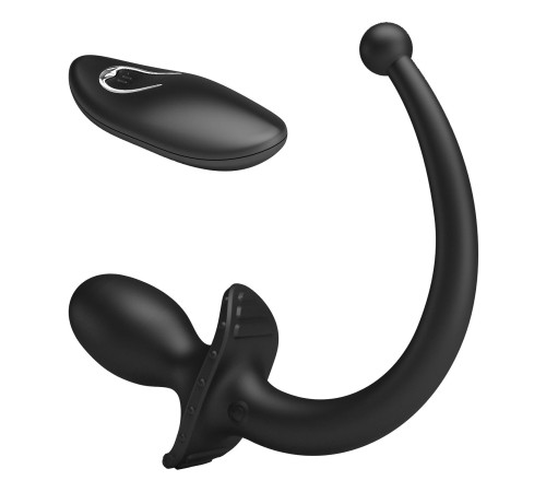 Черная анальная вибропробка с  хвостом и пультом ДУ