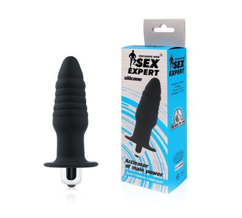 Черная ребристая вибровтулка с ограничителем - 9 см.