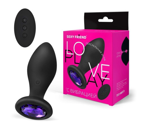 Черная вибровтулка с фиолетовым кристаллом и пультом ДУ - 8,5 см.