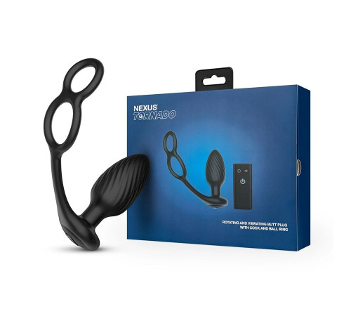 Черная анальная вибровтулка Tornado with Cock   Ball Rings с эрекционными кольцами