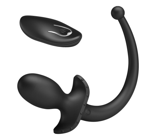 Черная анальная вибропробка с  хвостом и пультом ДУ