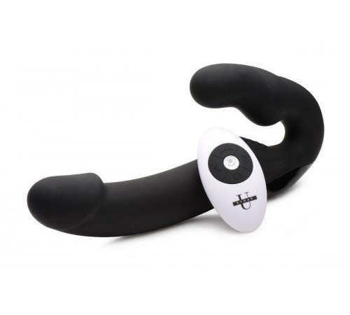 Черный безремневой страпон Urge Silicone Strap On с пультом ДУ - 24 см.
