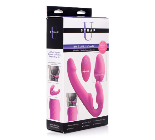 Розовый безремневой страпон с вибрацией и функцией расширения Inflatable Ergo-Fit Strapless Strap-On