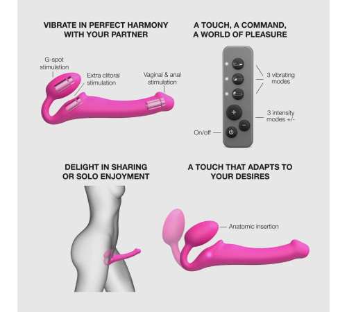 Ярко-розовый безремневой страпон Strap-on-me Vibrating Bendable Strap-On size M