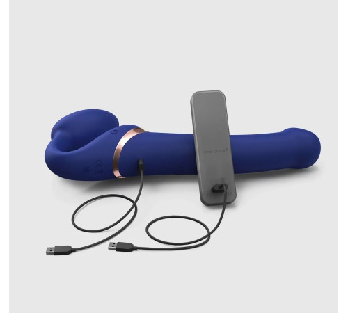 Синий безремневой страпон Multi Orgasm Bendable Strap-On size L с клиторальной стимуляцией