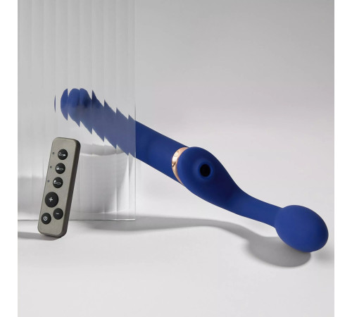 Синий безремневой страпон Multi Orgasm Bendable Strap-On size L с клиторальной стимуляцией