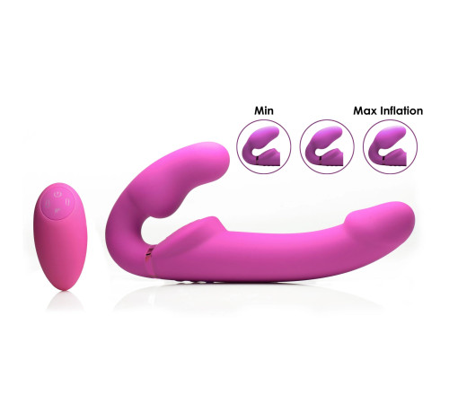 Розовый безремневой страпон с вибрацией и функцией расширения Inflatable Ergo-Fit Strapless Strap-On