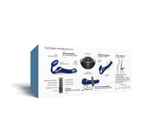 Синий безремневой страпон Multi Orgasm Bendable Strap-On size L с клиторальной стимуляцией