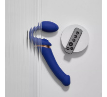 Синий безремневой страпон Multi Orgasm Bendable Strap-On size L с клиторальной стимуляцией