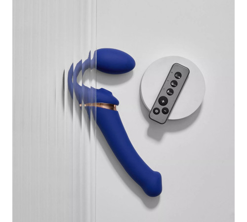 Синий безремневой страпон Multi Orgasm Bendable Strap-On size L с клиторальной стимуляцией