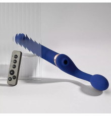 Синий безремневой страпон Multi Orgasm Bendable Strap-On size XL с клиторальной стимуляцией