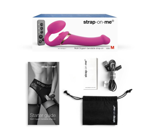 Ярко-розовый безремневой страпон Multi Orgasm Size M с клиторальной стимуляцией