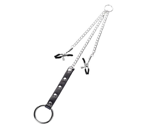 Серебристо-чёрные зажимы для сосков с кольцом для пениса TOYFA Metal