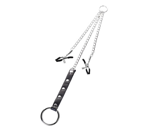 Серебристо-чёрные зажимы для сосков с кольцом для пениса TOYFA Metal