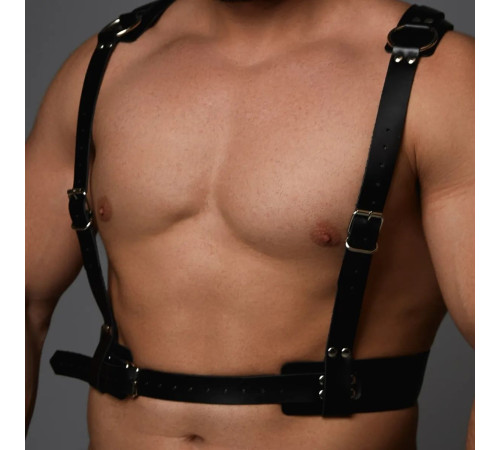 Черная кожаная мужская портупея с регулируемыми ремешками