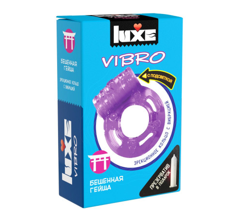 Фиолетовое эрекционное виброкольцо Luxe VIBRO «Бешеная Гейша» + презерватив