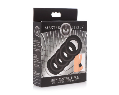 Заказать Комплект из 5 черных эрекционных колец для мошонки Ring Master Custom Ball Stretcher Kit