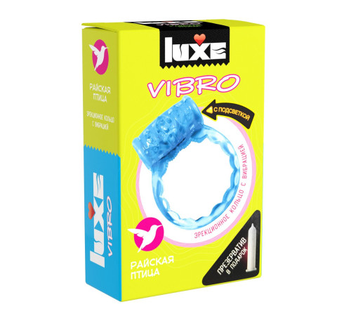 Голубое эрекционное виброкольцо Luxe VIBRO «Райская птица» + презерватив
