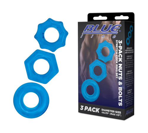 Комплект из трех голубых колец для эрекции 3-Pack Nuts   Bolts Stretch Cock Ring Set