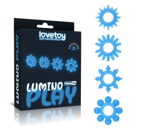 Набор из 4 голубых, светящихся в темноте эрекционных колец Lumino Play Набор из 4 голубых, светящихся в темноте эрекционных колец Lumino Play