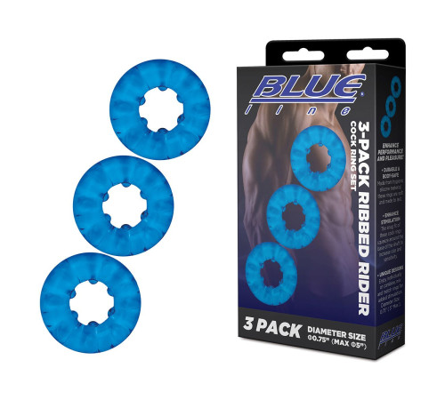 Комплект из трех голубых эрекционных колец 3-Pack Ribbed Rider Cock Ring Set