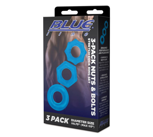 Комплект из трех голубых колец для эрекции 3-Pack Nuts   Bolts Stretch Cock Ring Set