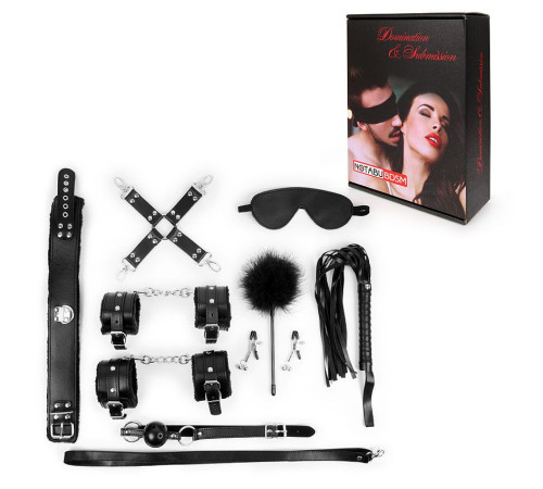 Большой набор БДСМ в черном цвете: маска, кляп, зажимы, плётка, ошейник, наручники, оковы, щекоталка, фиксатор