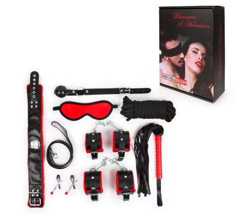 Стильный черно-красный набор БДСМ: маска, кляп, зажимы, плётка, ошейник, наручники, оковы, верёвка