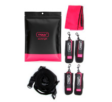 Черно-розовый эротический набор: фиксатор, оковы, наручники, повязка