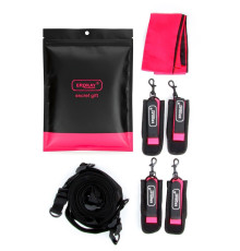 Черно-розовый эротический набор: фиксатор, оковы, наручники, повязка