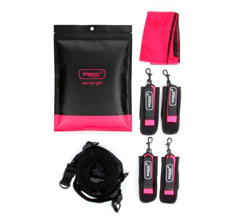 Черно-розовый эротический набор: фиксатор, оковы, наручники, повязка