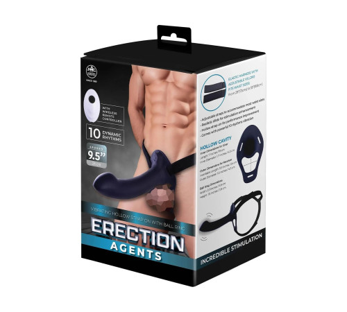 Черный полый страпон с вибрацией Erection Agents - 24,1 см.
