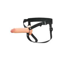 Телесный полый страпон на черных ремнях Hollow Silicone Strap-on - 17,8 см.